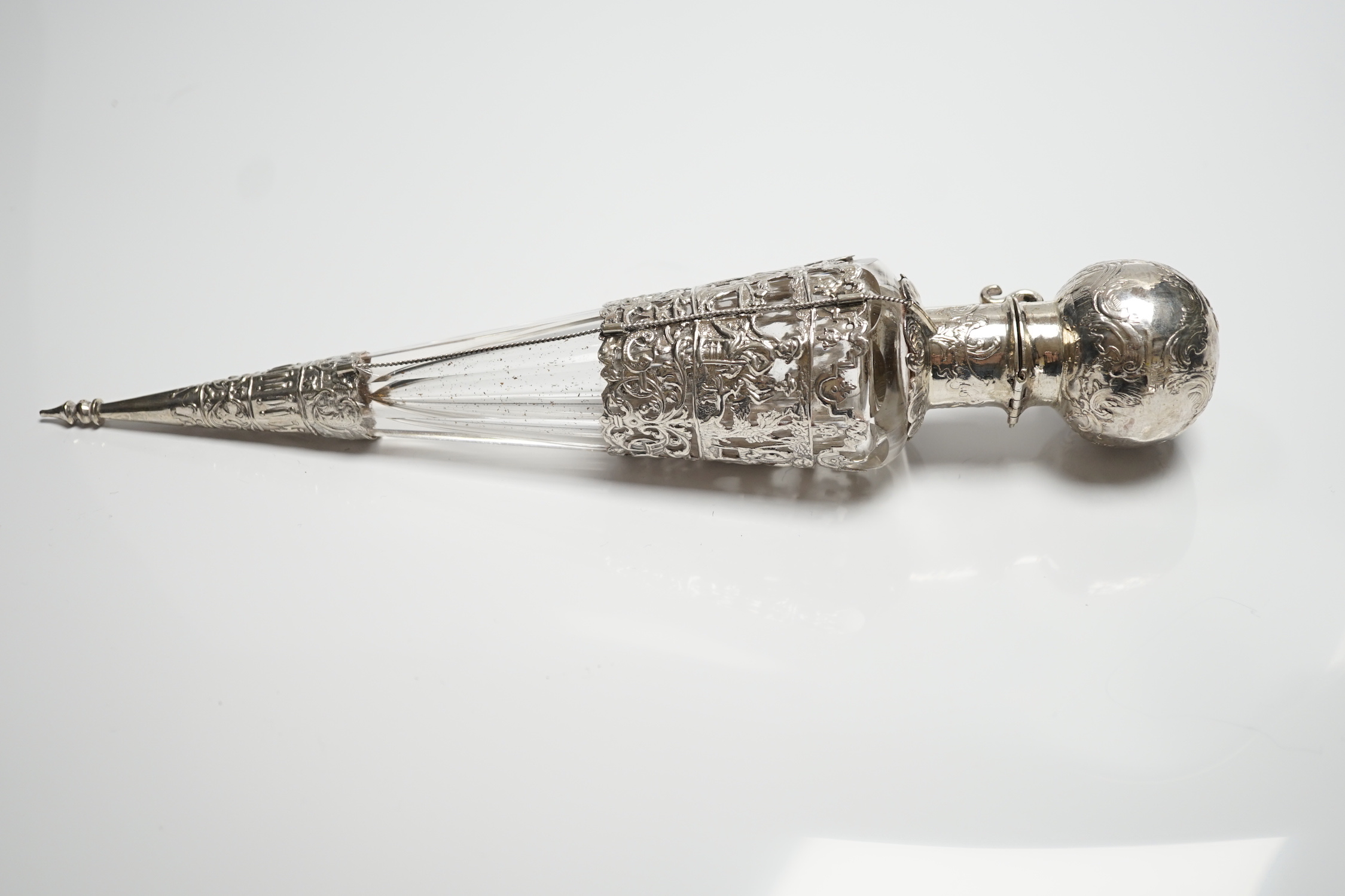 A continental white metal mounted glass teardrop shaped scent bottle, 25.5cm.
